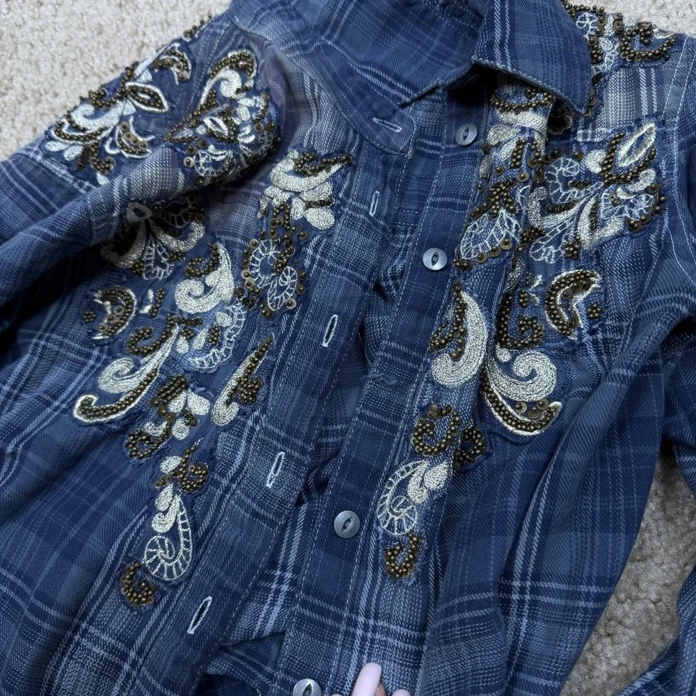 Free People Sz XS Stevie's Embellished Plaid Button-Down Shirt‎ Top Blue